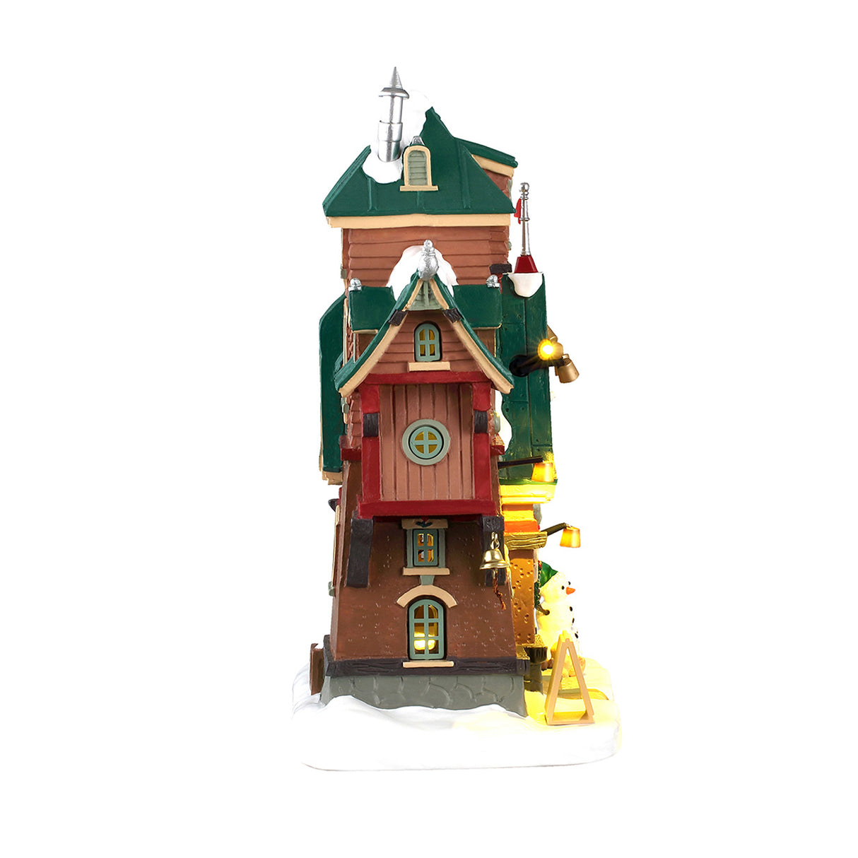 Santa's Elf Dormitory hus med lys til juleby fra Lemax set fra siden med skorsten