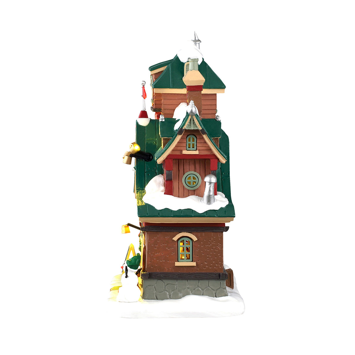Santa's Elf Dormitory hus med lys til juleby fra Lemax ser fra siden med kvistvindue