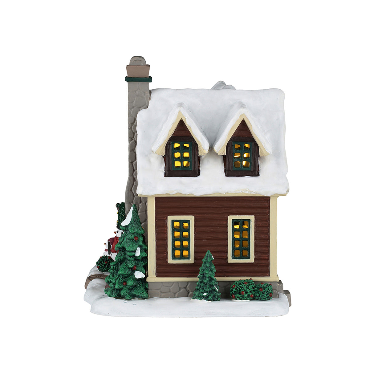 Cozy Forest Cabin hytte med lys til julelandskab fra Lemax set fra siden med 4 vinduer