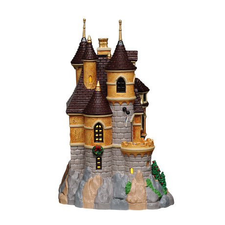 Bagsiden på Arie's Castle slot med lys til juleby fra Lemax