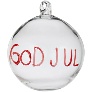 Julgranskula i klart glas med röd text GOD JUL från Ib Laursen