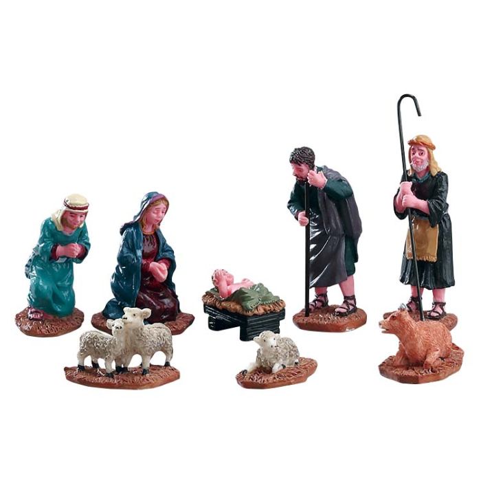Lemax Krybbespil med 8 figurer. Jomfru Maria og Josef med det lille Jesus barn i krybbe, samt en hyrde og en af de vise mænd. Desuden figurer med dyr her i blandt nogle meget søde lam. Alle figurer er på et lille plateau, så de kan stå selv eller flyttes 