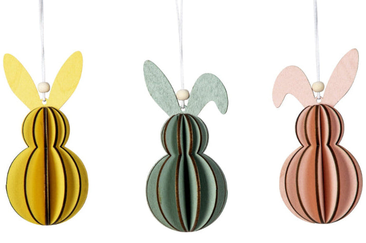 Sæt med 3 påskeharer i træ til ophæng