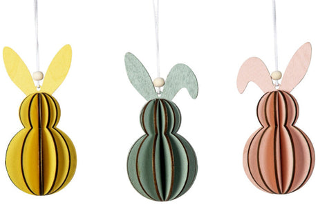 Sæt med 3 påskeharer i træ til ophæng