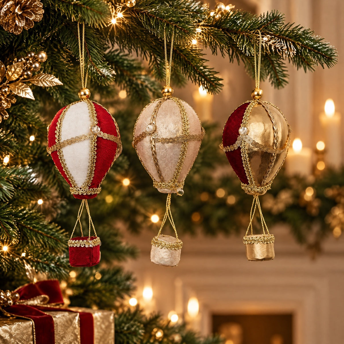 Luftballoner pynter på en gren på juletræet