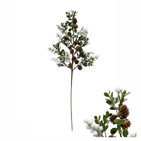 Konstgjord gren med vita bär, kottar och blad, 70 cm lång för dekoration