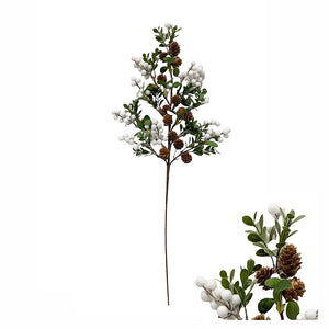 Konstgjord gren med vita bär, kottar och blad, 70 cm lång för dekoration