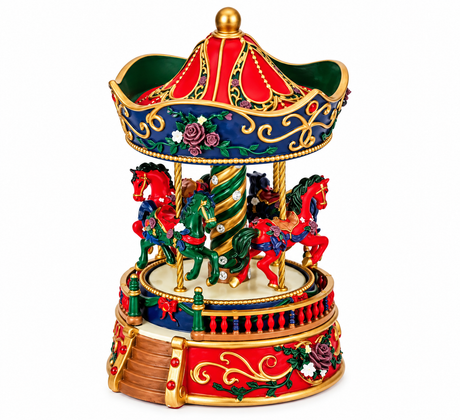 Nostalgisk musikkarusell från Musicboxworld med röda och gröna hästar, blått och rött tak, mörka rosor och gyllene ornament