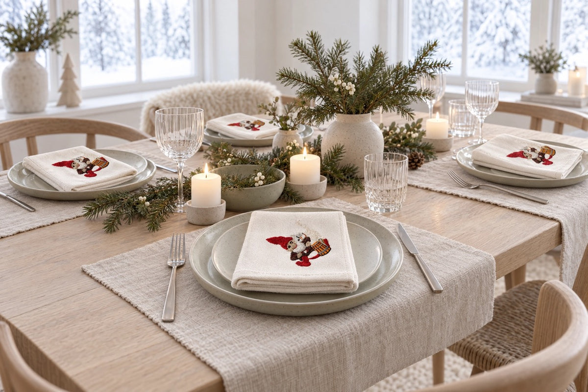 Julbord dukat med tygservetter med en broderad tomte med katt från Juel  Brandt