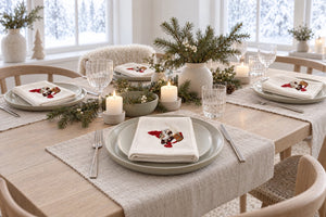 Julbord dukat med tygservetter med en broderad tomte med katt från Juel  Brandt