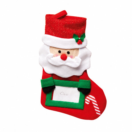 Julstrumpa i tyg med en snögubbe eller jultomte