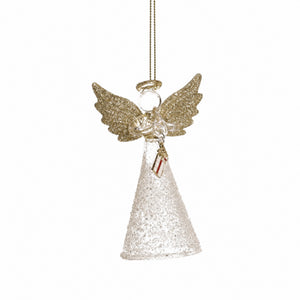 Ängel i glas med glittervingar och glitterklänning