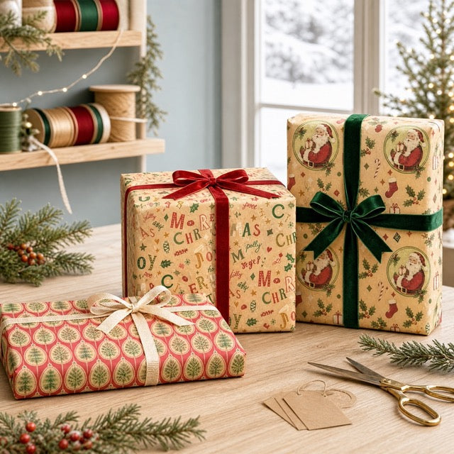 Julklappar inslagna i julklappspapper och sammetband
