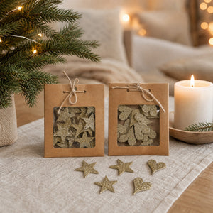 Juldekorationer i trä med glitter