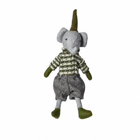 Elefant med grågröna kläder 22 cm hög