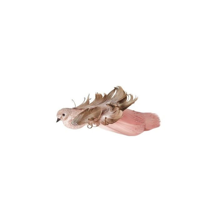 Fågel med klämma och rosa/vita stjärtfjädrar