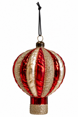 Luftballon som juletræspynt i rødt og guld med lodrette striber og glitter fra Speedtsberg, 12 cm høj