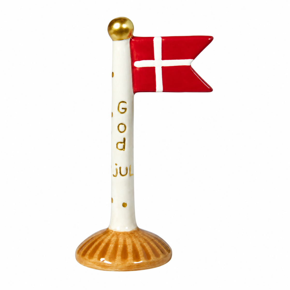 Keramikflagga med orange fot och texten "god jul" från Speedtsberg