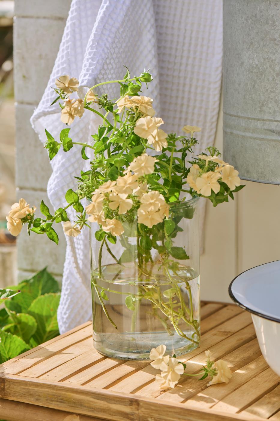 Cylinderglasvase med blomster i på bord med udendørsvask