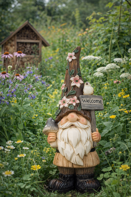 Havenisse står i den vilde have
