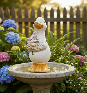 Figur gås dekorerer et fuglebad i haven