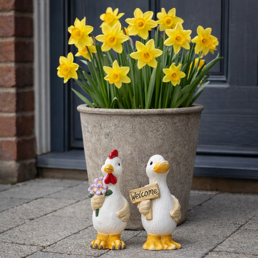 Påskefigurer står foran en havekrukke med påskeliljer