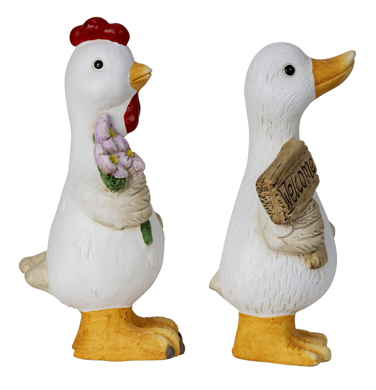 Høne og gås figurer i keramik til påske set fra siden af