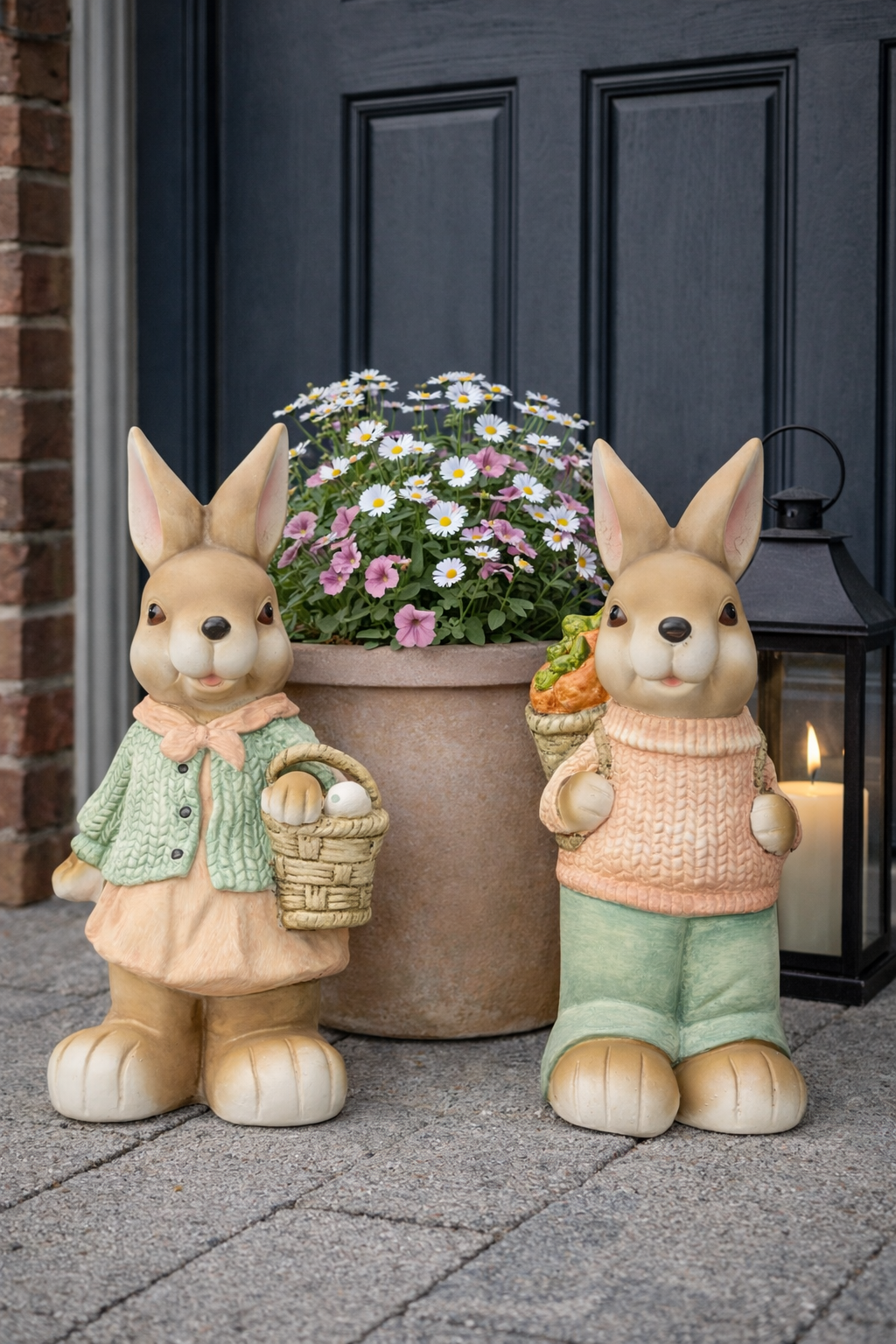 Påskeharefigurer står foran en hoveddør