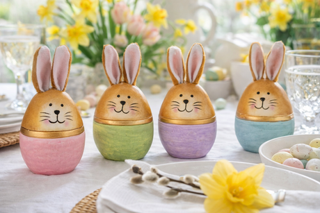 Påskehare i keramik med æggeform i fire forskellige farver pynter på et påskebord