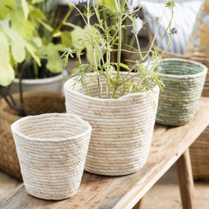 Ib Laursen grøn dekorativ kurv/urtepotteskjuler i majsblade med to cremefarvede kurve i samme serie